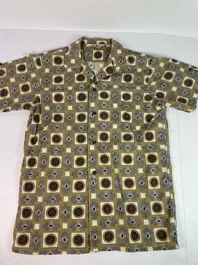 Vintage Carnegie Men's Medallion Print Short Sleeve Button Down Shirt Size Small